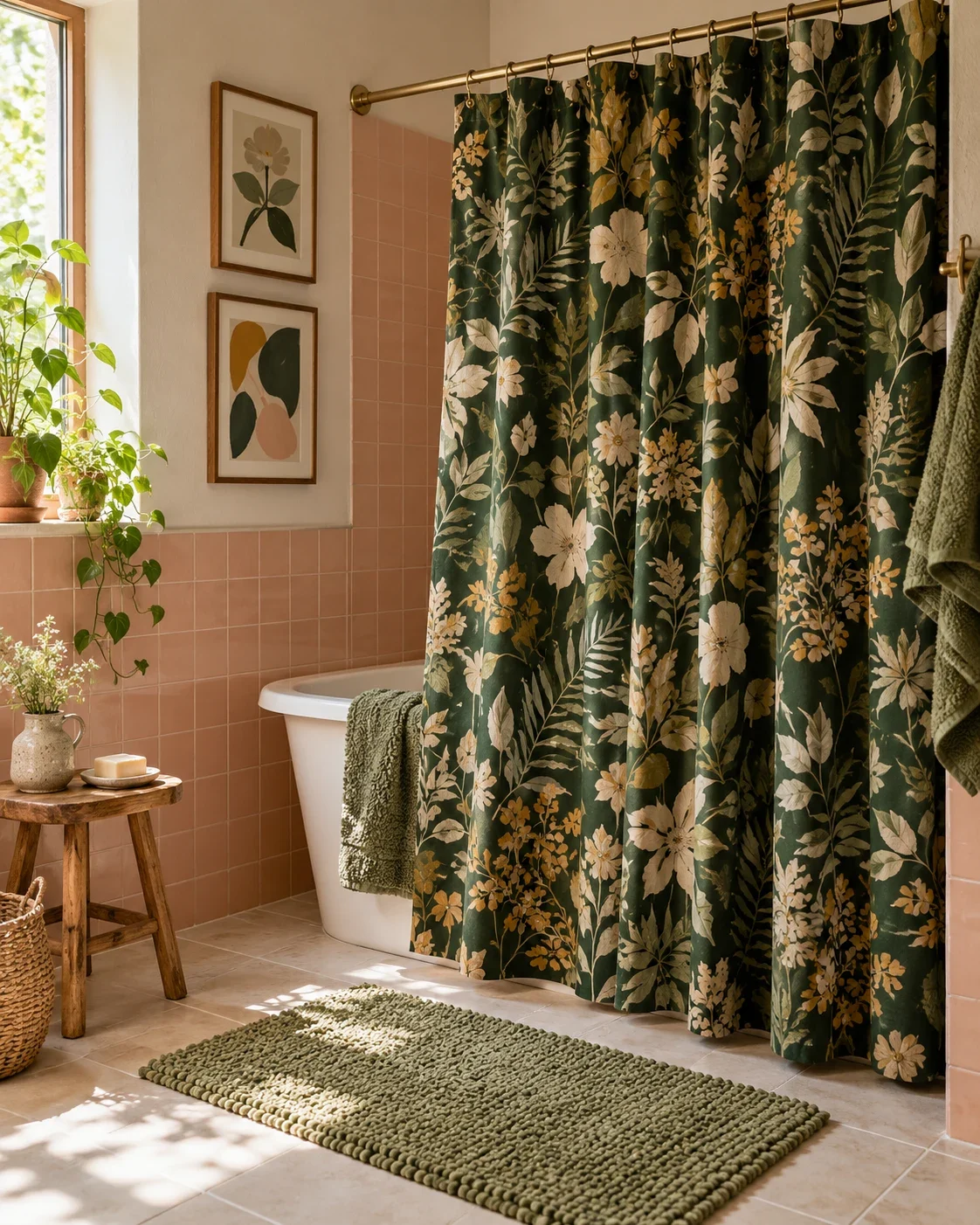 A dark floral shower curtain, sage bath mat and salmon tile in a sunlit bathroom. AI-generated inspiration.