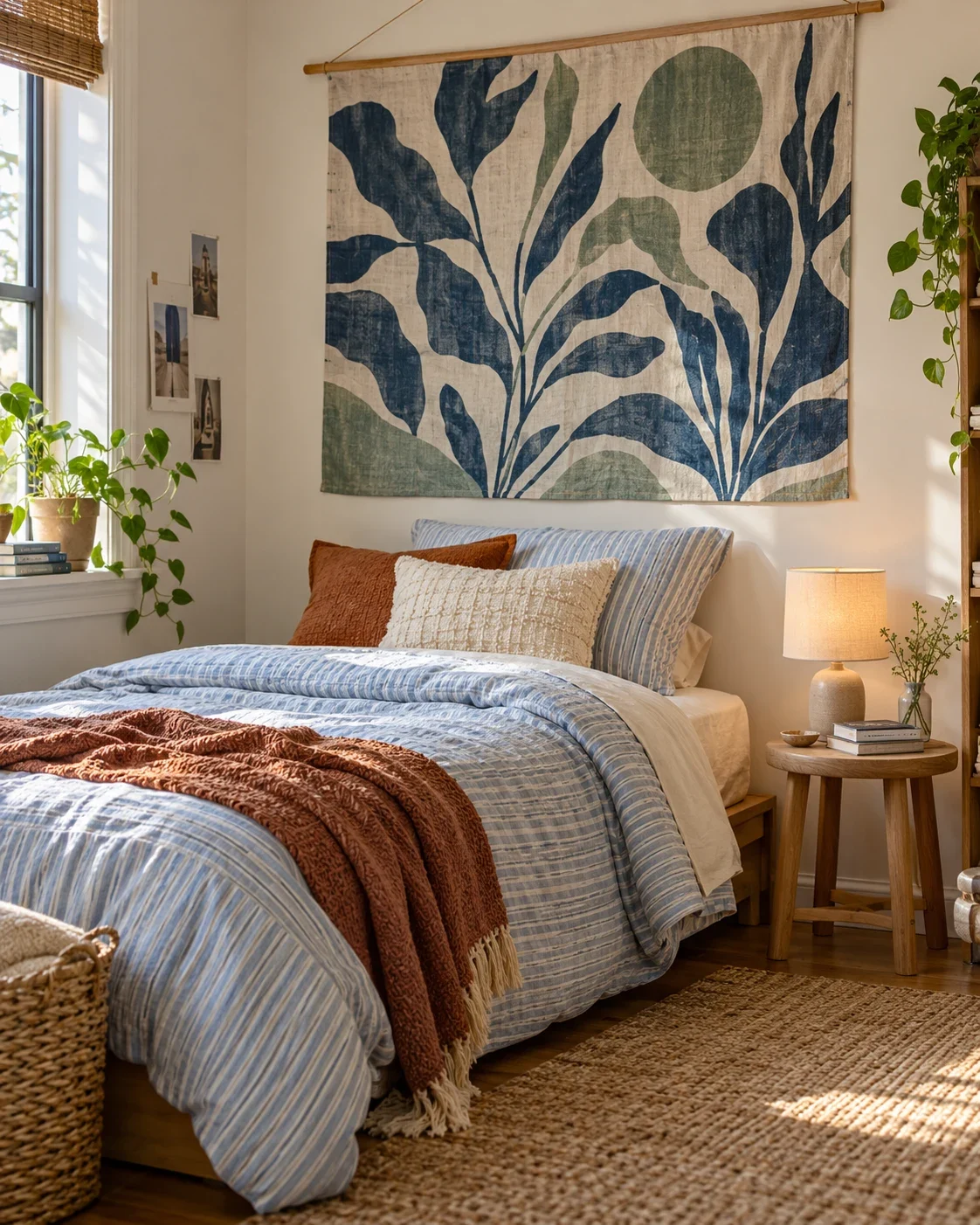 A blue and sage botanical tapestry over a small bed with striped linen and rust pillows. AI-generated inspiration.