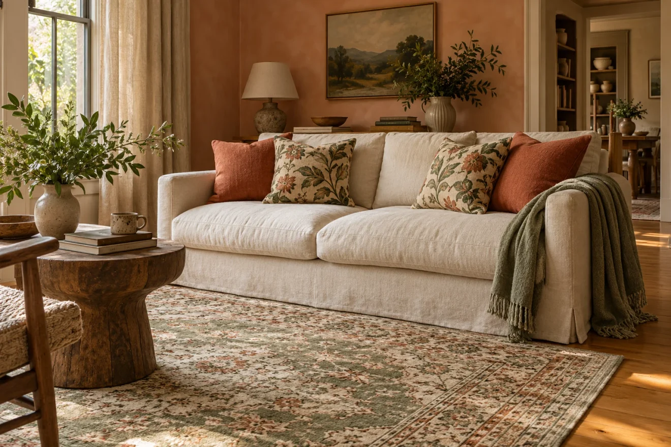 Two plain terracotta pillows and two botanical pillows on an ivory sofa above a patterned rug. AI-generated inspiration.