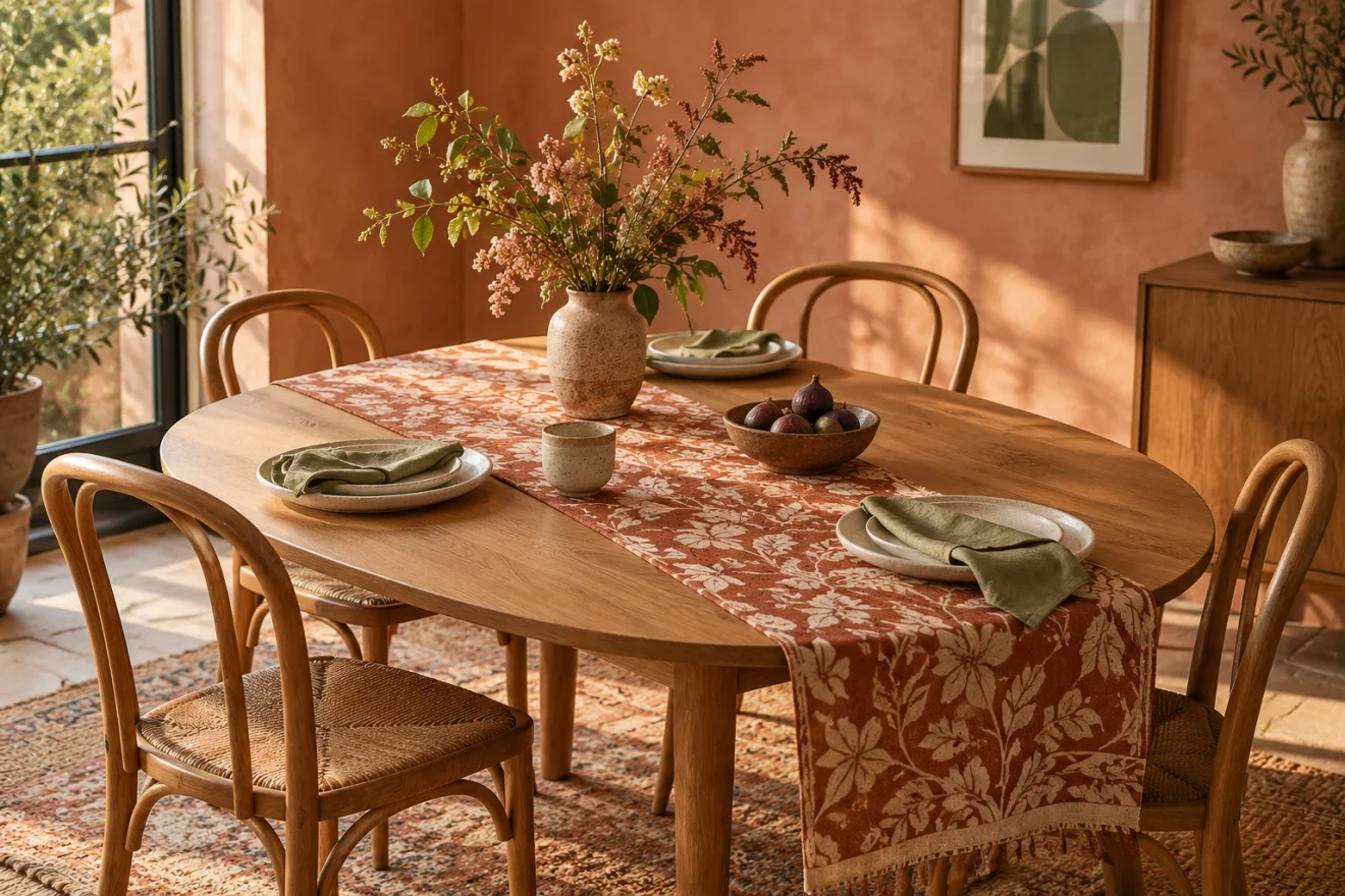 A terracotta botanical runner, sage napkins and cream ceramics on an oak dining table. AI-generated inspiration.